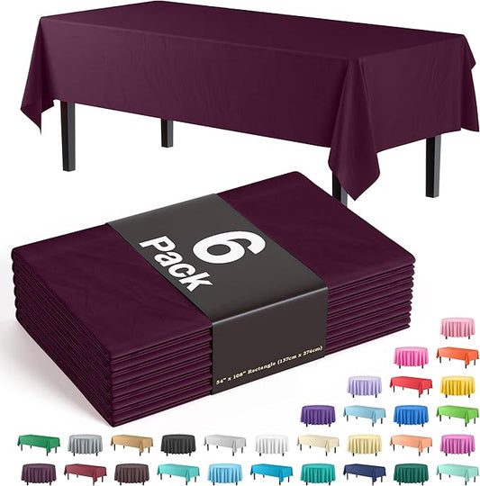 Exquisite Party Solids 6-Pack Premium Plastic Tablecloth 54in. x 108in. Rectangle Plastic Table Cover - Plum