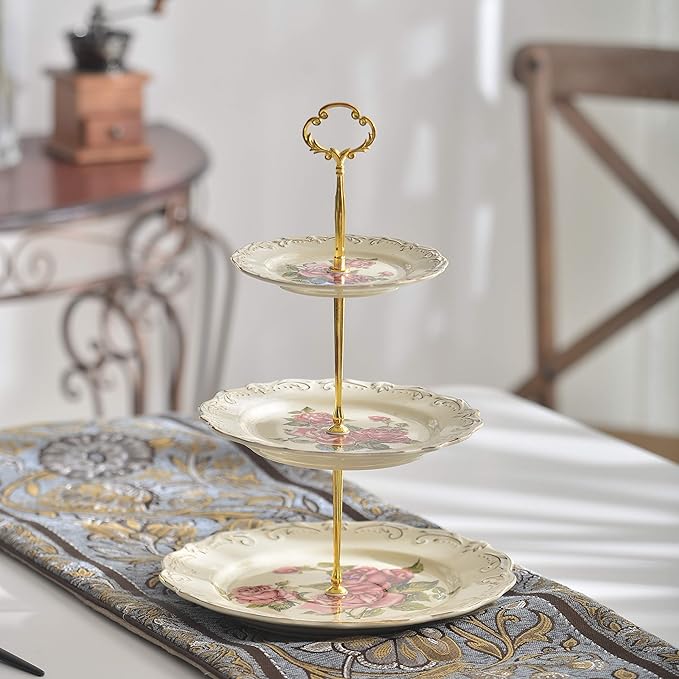 YOLIFE Red Rose Pattern 3 Tiered CupCake Stand, Emboss Golden Leaves Edge Porcelain 3 Tier Pastry Desert Fruit Stand