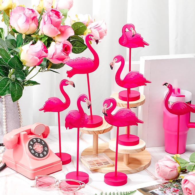 Geelin 10 Pcs Flamingo Table Decor Summer Pink Flamingo Party Decoration Table Sign Centerpiece Hawaiian Tropical Wood Tall Standing Block Bird Topper Sign for Office Desk Home Tier Tray Holiday Party