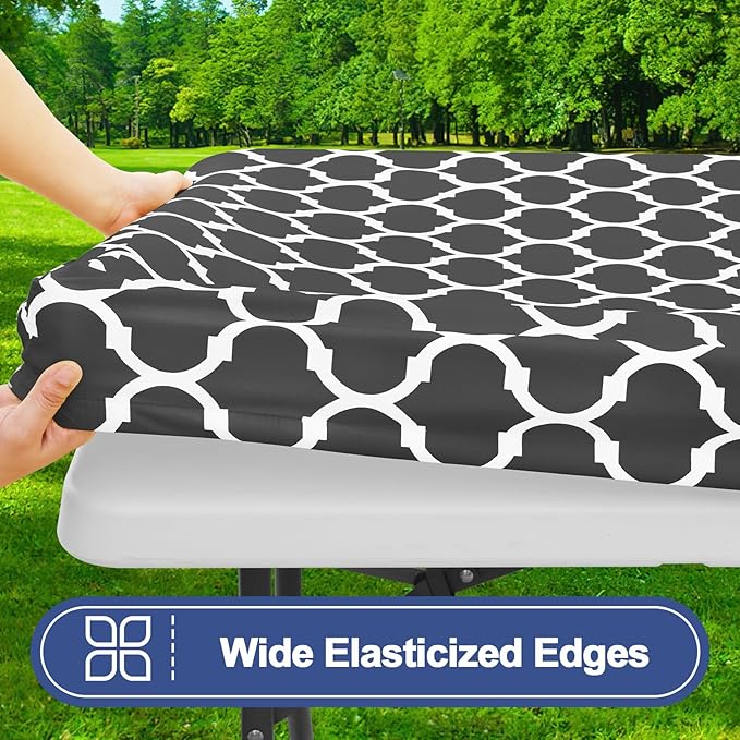 Smiry Picnic Table Cover with Bench Covers, Waterproof Elastic Fitted Tablecloth for 8 Foot Tables, Washable Polyester Tablecloths for Camping, Indoor & Outdoor (Dark Grey, 30x96 Inch 3-pc Set)