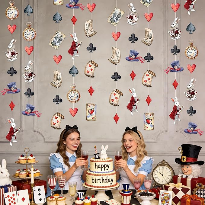 Vintage Wonderland Party Decorations Retro Bunny Poker Pocket Watch Mad Hat Hanging Streamer Garland Banner for Vintage Easter Spring Birthday Baby Shower Bachelorette Tea Party Decorations Supplies