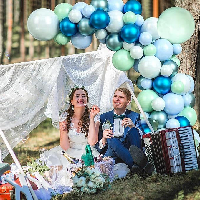 125pcs Blue Green Macaron Balloon and Metallic Blue Silver Balloon Garland Kit for Birthday Retirement Bridal Baby Shower Graduation Wedding Anniversary Party Decoration