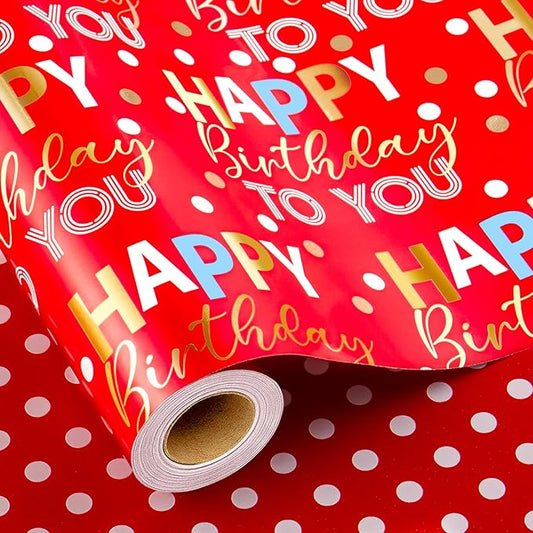 MAYPLUSS Reversible Red Birthday Wrapping Paper Roll - 17 Inch X 33 Feet - Glitter Happy Birthday Lettering Metallic Foil Paper Boy Gift Wrap w/Polka Dot for Party Father's Day Halloween's Day