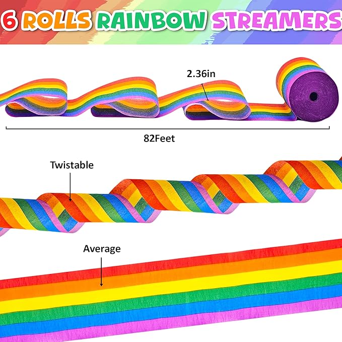 6 Rolls 492ft Crepe Paper Streamers Party Decorations, Rainbow Crepe Paper Roll Streamers for Rainbow Themed Birthday Party DIY Crafts