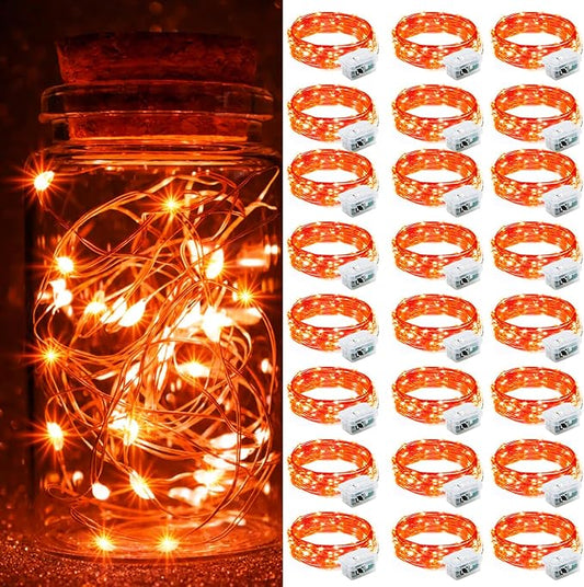 pozzolanas 24 Pack Orange Fairy Lights Battery Operated 3 Modes 7FT 20 LED Waterproof String Lights Twinkle Silver Wire for Mason Jars Wedding Christmas Halloween Party Decor (24, Orange)