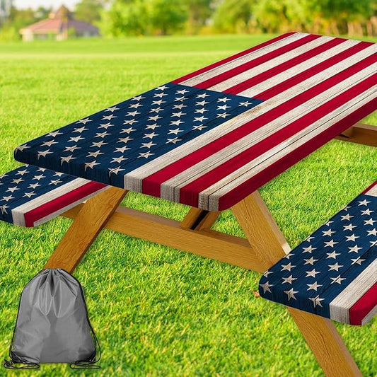 American Flag Picnic Table Cover with Bench Covers, Waterproof Windproof Oilproof, Camping Essentials, Fitted Tablecloth Cover with Elastic Edge, for Indoor & Outdoor, Garden, 3 Pieces Set, 30x60 Inch