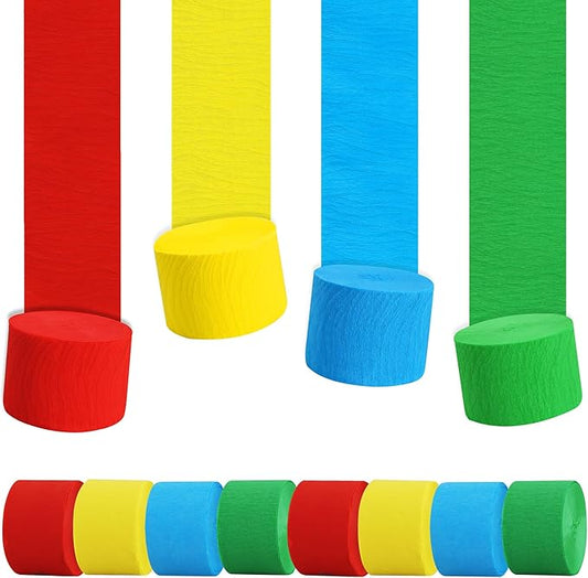 BEISHIDA 8 Rolls Red Yellow Blue and Green Crepe Paper Streamers for Carnival Circus Sesame Street Paw Party Decorations, Birthday DIY Craft Paper(1.8 Inch x 82 Ft/Roll)