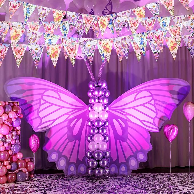 5 Pieces 49 ft Butterfly Birthday Banner Decorations Butterfly Party Supplies Paper Flower Pennant Triangle for Baby Shower Party Outdoor Decor