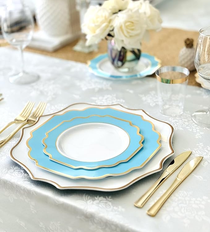 " OCCASIONS " 240 Plates Pack (120 Guests) Heavyweight Wedding Party Disposable Plastic Plates Set -120 x 10.5'' Dinner + 120 x 8'' Salad/Dessert Plate (Imperial Aqua/Gold)