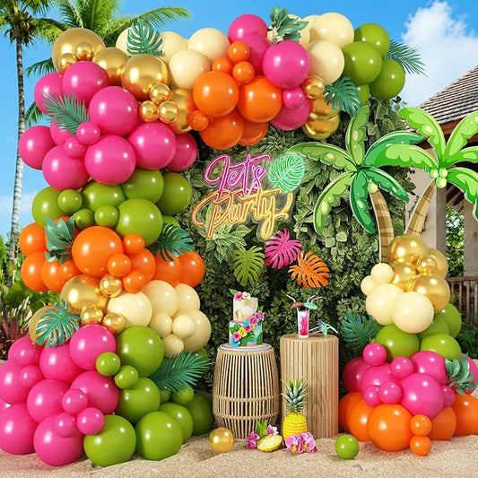 Tropical Hawaiian Balloons Arch Garland Kit, Olive Green Hot Pink Orange Yellow Metallic Gold Balloons for Kids Hawaii Summer Beach Luau Aloha Pool Birthday Flamingo Theme Baby Shower Party Decoration