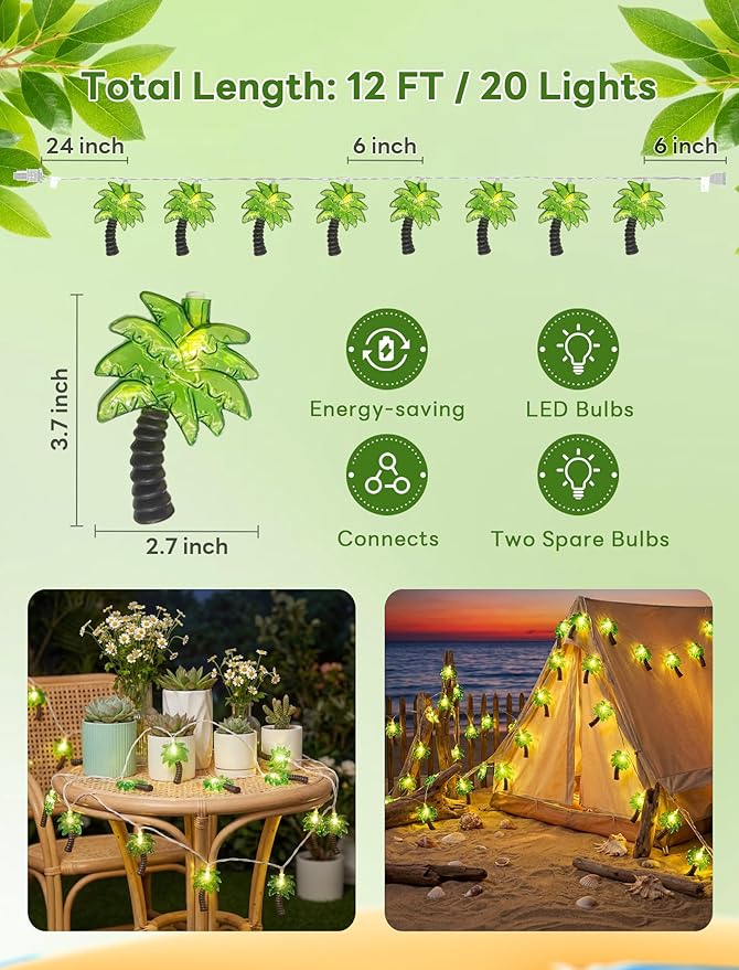 12Ft Summer Beach Hawaiian String Lights - 20 LED Palm Tree Lights for Luau Pool Decor, Hawaii Theme Summer Outdoor Indoor Tropical Party Decorations