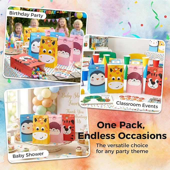 VGOODALL 36 Pack Animal Party Favor Bags with Stickers - 8.7"x4.7"x3.1" Jungle Safari Paper Goodie Bags, 4 Cute Animal Designs for Kids Birthday, Classroom Rewards, Baby Shower & Gift Packaging
