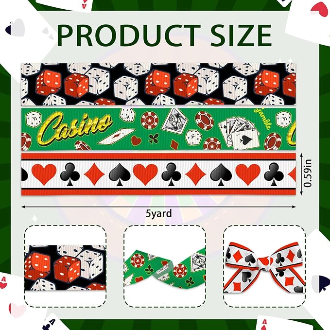 3 Rolls 15 Yards Playing Card Ribbon Card Suits Ribbons for Wrapping Crafts Bows Heart Spade Club Diamond Grosgrain Ribbon for Casino Nights Poker Tournaments Magic Shows Party Home Decor