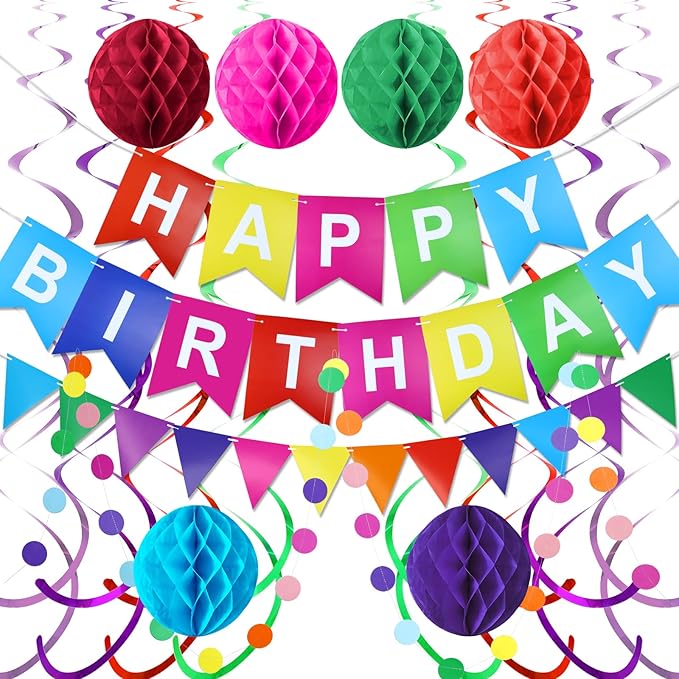 Happy Birthday Banner with Colorful Paper Flag Bunting Paper Circle Confetti Garland Swirl Streamers Honeycomb Ball for kids Party decorations