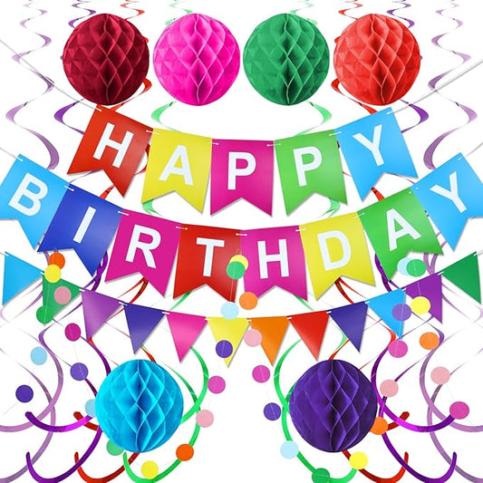 Happy Birthday Banner with Colorful Paper Flag Bunting Paper Circle Confetti Garland Swirl Streamers Honeycomb Ball for kids Party decorations