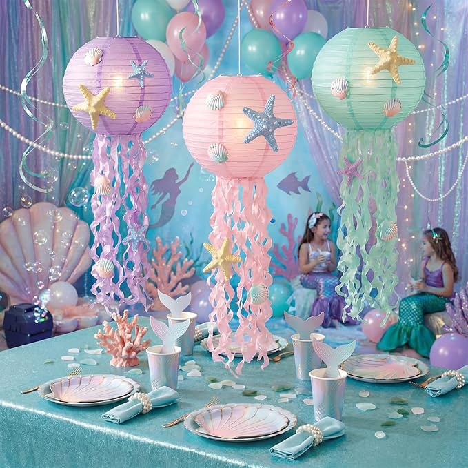 VioraWhite 18 Pcs Mermaid Birthday Party Decorations 6 Pcs 9.8'' Hanging Jellyfish Paper Lanterns 8 Starfish Decor 2 Holographic Iridescent Dot Garlands for Mermaid Under The Sea Ocean Birthday Decor