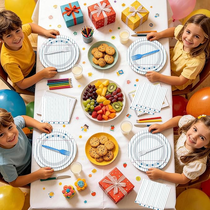 100 Pcs Back to School Party Supplies - Serves 25, Notebook Lined Paper Disposable Tableware, Includes Paper Plates, Napkins, and Plastic Forks for Kids’ Birthday, Classroom, Teacher Themed Decoration