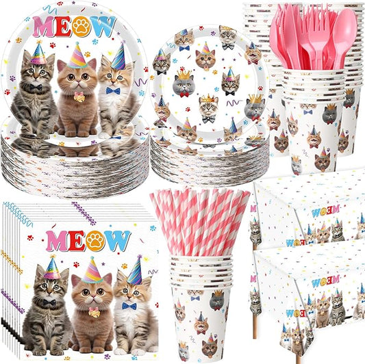 Funnymoom 452 Pcs Cat Birthday Party Decorations for 50 Guests, Cat Paper Plates Napkins Cups Tablecloth Cutlery Straws Disposable Tableware Set for Kitten Lover Birthday Party Supplies