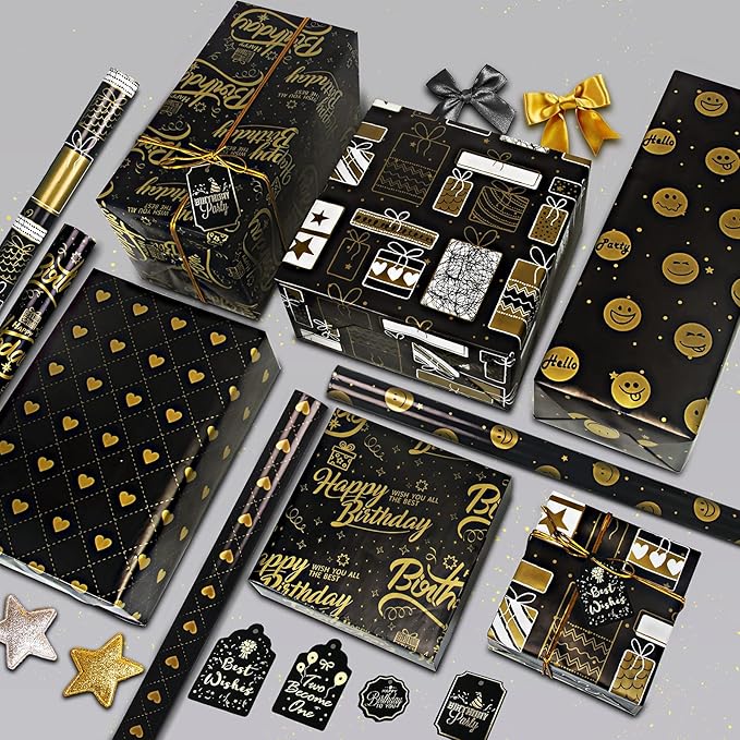 Larcenciel Birthday Wrapping Paper, Gift Wrapping Paper set, Black Gold Design w/Jute Twine and Gift tag, Gift Wraps for Birthday, Valentines, Christmas, Graduation, Baby Shower,4 Sheets 27.5x19.6inch