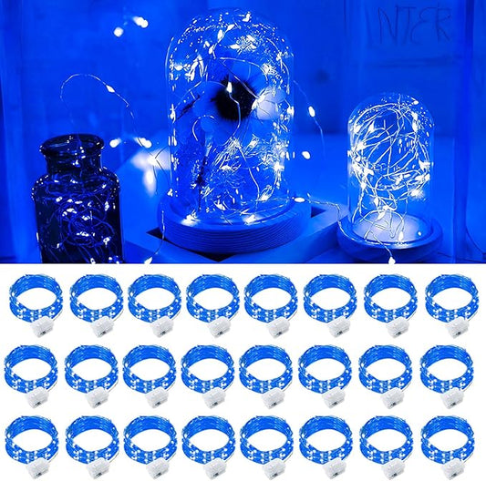 pozzolanas 24 Pack Blue Fairy Lights Battery Operated 3 Modes 7FT 20 LED Waterproof String Lights Twinkle Silver Wire for Mason Jars Wedding Christmas Halloween Party Decor (24, Blue)