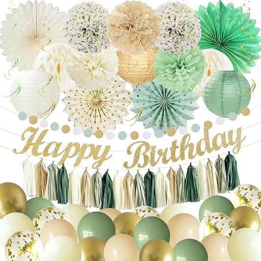 48 Pcs Sage Green Birthday Decorations for Women Girls, Happy Birthday Banner, Cream Neutral Balloons, Tassel Garland, Peach Paper Lanterns, Tissue Pom Poms Fan, Rustic Backdrop Decor