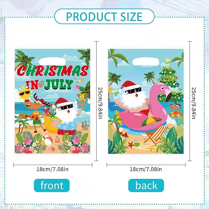 MOIZYNG Christmas in July Decorations, 50Pcs Christmas in July Plastic Candy Treat Goodie Gift Bags with Handles, Summer Hawaiian Beach Pool Party Favors Supplies