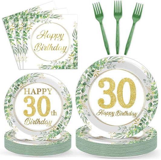 100 Pcs 30th Birthday Decorations Party Tableware Set Greenery Eucalyptus Paper Plates Sage Green Plates Forks and Napkins 30th Birthday Party Decorations for 30 Years Old Women Her Serve 25 Guests