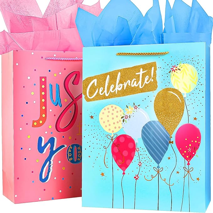 Large Gift Bag Set with Tissue Paper, Big Teal Pink Birthday Gift Bags for Women Girls Her with Handles,Pretty Assorted Birthday Gift Wrap Bags for Present Bag Party Gift Bag Gift Paper Bag for Anniversary Wedding Celebration
