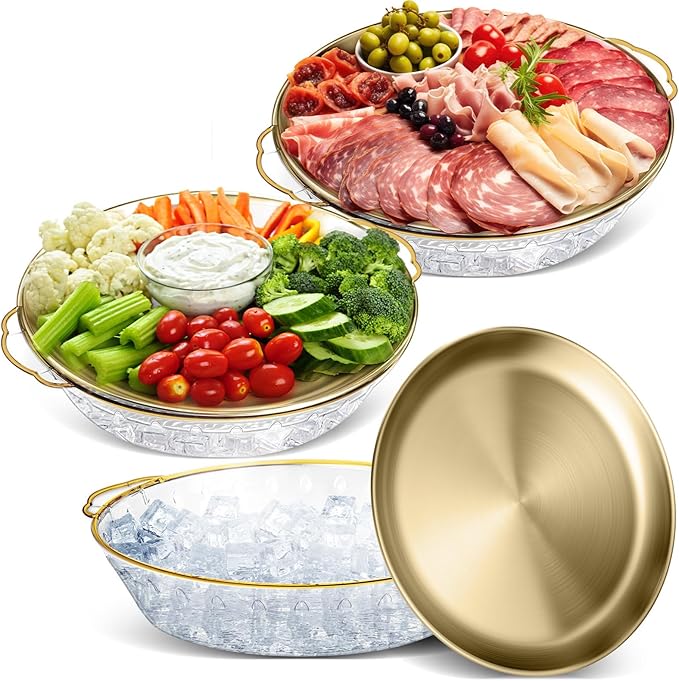 Baderke 3 Set 11.8" Chilled Serving Tray for Parties with Compartments Ice Chilled Party Platter Charcuterie Serving Board Cold Dish Dip for Fruit Seafood Vegetable Shrimp Cocktail (Gold)