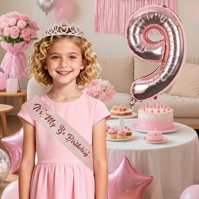 9th Birthday Decorations for Girls, Including Sash, Crown Tiara, Candles, Cake Toppers, 9rd Birthday Gifts for Girls