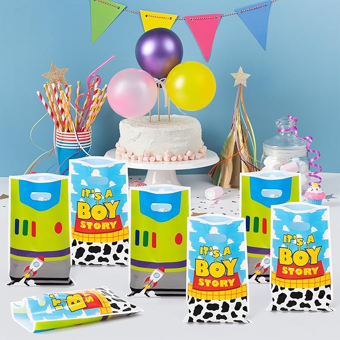 Andi Cppss Cartoon Story Party Favor Bags - 50PCS Boy Story Party Gift Bags for Boys Plastic Goodies Bag with Handle for Birthday Parties Supplies Boys Baby Show Birthday Parties Favor Treat Candy Bag