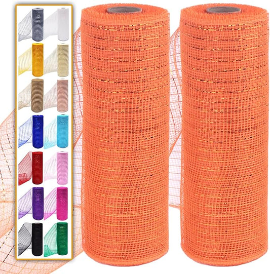 2 Pcs Orange Deco Mesh Ribbon Rolls 10 Inch 10 Yards(30 ft) Decorative Mesh Fabric with Foil for Wreaths Christmas Tree Ribbon Door DIY Craft Halloween Decor Wedding Party Supplies (Orange, 2Pcs)