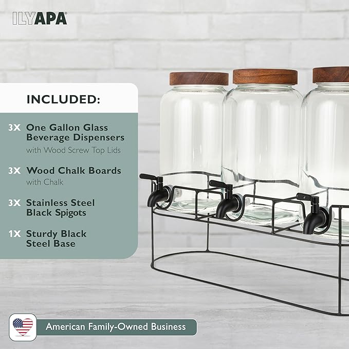 Ilyapa Glass Drink Dispenser for Parties - 3 Pack, 1 Gallon Triple Beverage Multi Drink Dispenser with Stand, Wood Tops and Black Stainless Spigots