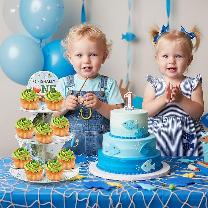 Go Fishing Cupcake Stand Decorations - 3 Tier Ofishally One Birthday Decorations Gone Fishing 1st Cupcake Stand Dessert Tower Holder for Kids Baby Shower Little Fisherman Birthday Party Favor