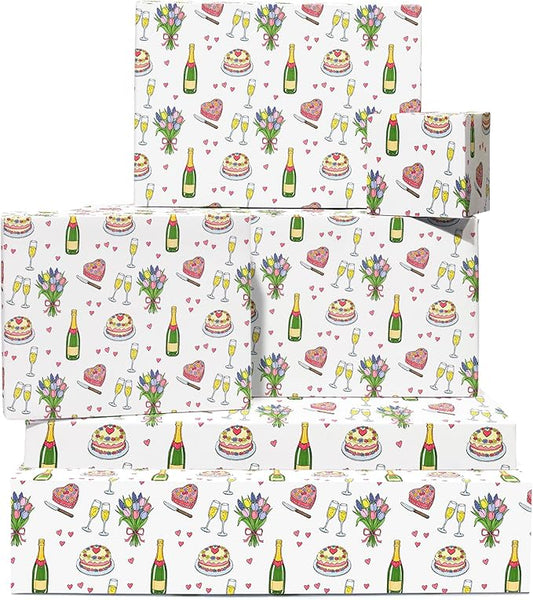 CENTRAL 23 Birthday Celebration Wrapping Paper - 6 Sheets Gift Wrap for Friends or Family - Anniversary Wedding - Cakes Champagne Flowers Hearts - Recyclable - Comes with Tags