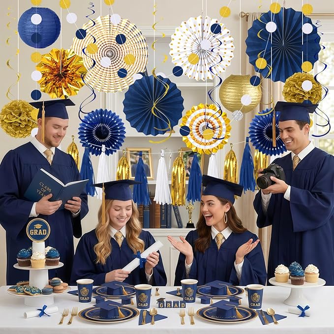 MEIDUO 34 Pcs Blue and Gold Party Decorations, Hanging Paper Lanterns Fans Pom Poms Set, 2026 Blue and Gold Graduation Decorations Supplies, Royal Birthday Decor for Men Boys