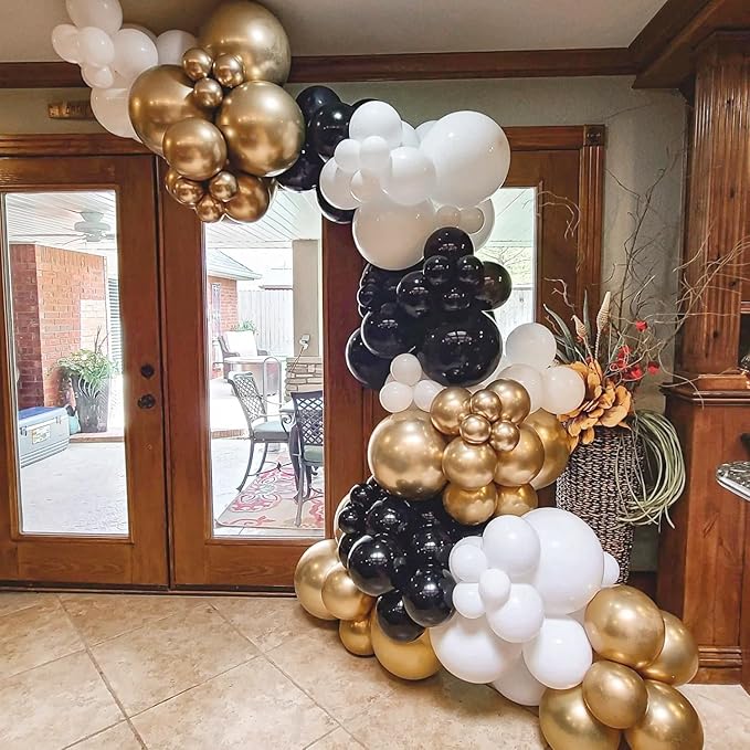 COKAOBE Black and Gold Balloon Garland Arch Kit, 124pcs Black White Metallic Gold Confetti Latex Balloons for New Year Graduation Birthday Anniversary Wedding Engagements Retirement Party Decorations