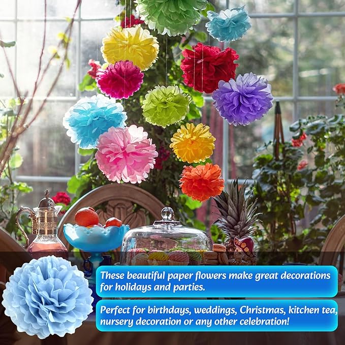 Qimoo 20pcs Lake Blue Paper Pom Poms Decorations, DIY Decorative Tissue Paper Pom-poms Flowers Ball for Party Wedding Outdoor Decoration