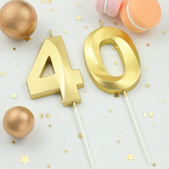 2.76 Inch Diamond Gold 40 Number Birthday Candles, Gold Number Candles, Cake Number Candles, Party Celebration