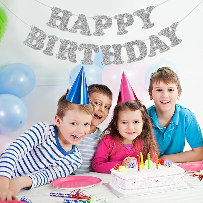 Silver Happy Birthday Banner Birthday Party Decorations Happy Birthday Banner Bunting Garland Sign for Kids Boys Girls Adults Birthday Baby Shower Celebration Party Backdrops Supplies