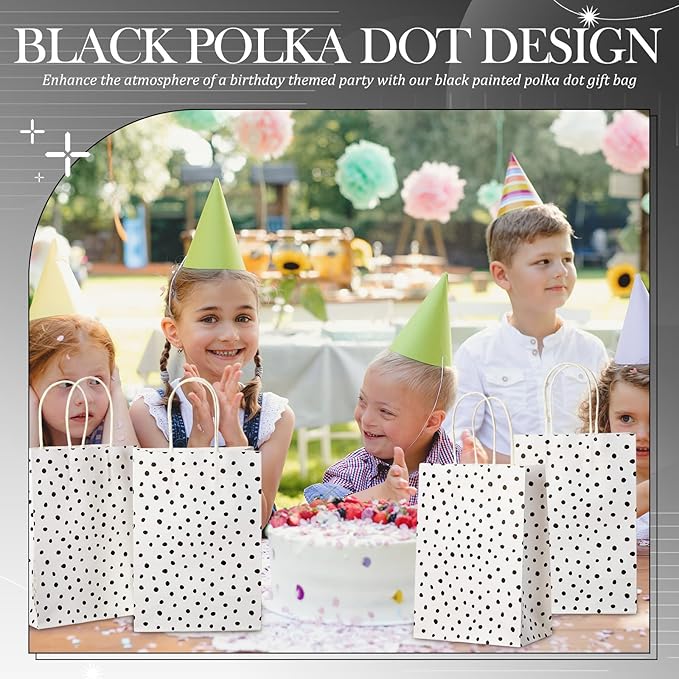 Humyoun 24 Pcs Black Painted Dots Gift Bags Paper Goodies Bags with Handles Polka Dot Candy Treat Gifts Wrapping for Baby Shower Wedding Birthday Party Supplies