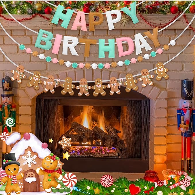 HunnmingRe 4 Pack Felt Gingerbread Christmas Birthday Party Decorations Pastel Happy Birthday Felt Banner Gingerbread Man Pom Poms Hanging Bunting Garland for Winter Christmas Baby Shower Decor
