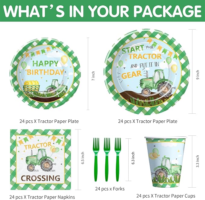 Tractor Birthday Plates And Napkins Party Supplies - Farm Theme Green Tractor Birthday Decorations Tableware, Paper Plate, Cup, Napkin, Disposable Fork | Serves 24