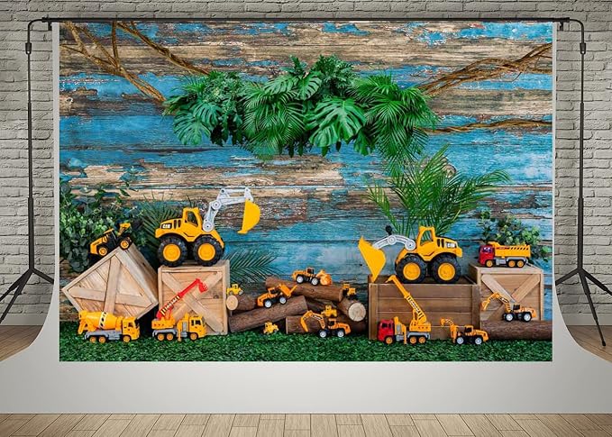 Kate 7x5ft Engineering Vehicle Toy Car Decoration Background Photo Studio Blue Weathered Wooden Spring Green Plants Photographic Backdrops Children Boy Birthday Party Props Backdrop