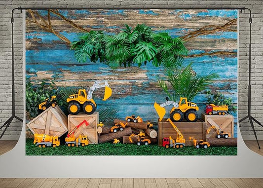 Kate 7x5ft Engineering Vehicle Toy Car Decoration Background Photo Studio Blue Weathered Wooden Spring Green Plants Photographic Backdrops Children Boy Birthday Party Props Backdrop