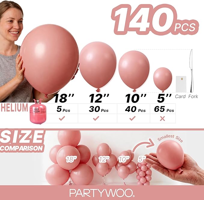 PartyWoo Dusty Pink Balloons 140pcs Different Sizes of 18 12 10 5 Inch Blush Pink Dusty Rose Boho Netural Balloon Arch Kit Garland for Baby Shower Princess Girl Birthday Party Decorations Pink-F01