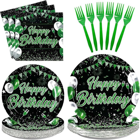Grencian 96 Pcs Green Black Birthday Decorations Plates Black and Green Silver Party Supplies for Men Disposable Birthday Tableware Set for Kids Adults graduation Party Favors Serves 24