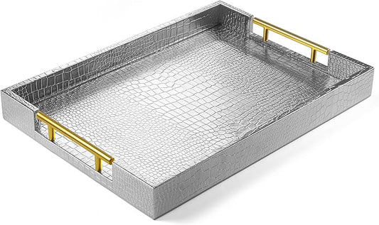 ATZYmolin 17" x 12" Wood Serving Tray with Gold Polished Metal Handles, Home Decorative Wooden Rectangle Ottoman Leather Decor Platter Bathroom Vanity Tray for All Occasions Alligator Silvery