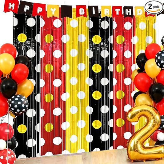 2 Packs Red Black Yellow Foil Fringe Curtain, Mouse Polka Dots Glitter Metallic Tinsel Backdrop for Birthday Baby Shower Cartoon Mouse Party Decorations Supplies