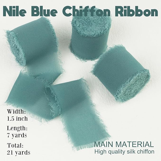 Nlie Blue Chiffon Ribbon - 1-1/2 Inch x 21 Yards, Handmade Fringe, Silk, Boho Frayed, Wedding Invitation, Bridal Flower Bouquets